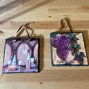 Gone!Wine themed pictures on slate, leather hangers